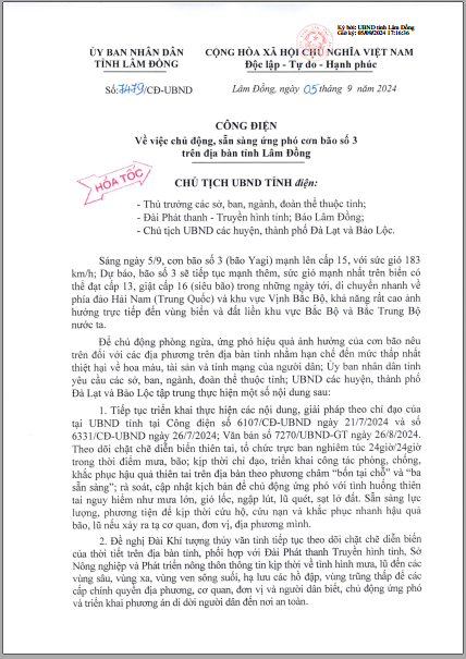 Công điện về việc chủ động, sẵn sàng ứng phó cơn bão số 3 trên địa bàn tỉnh Lâm Đồng